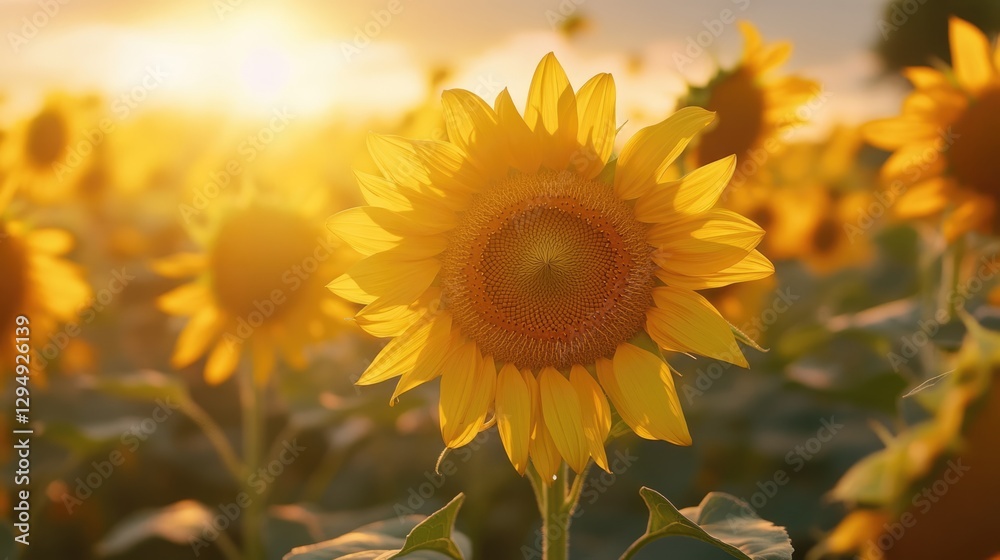 Fototapeta premium Sunlit Sunflower Field at Golden Hour: A Vibrant Summer Scene