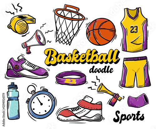 Basketball_IllustrationHand drawn illustration of baketball thing. Basketball Doodles consist of shirt, ball, shoes, and other in colorful illustration.