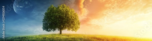 Beautiful summer landscape with trees at sunrise.