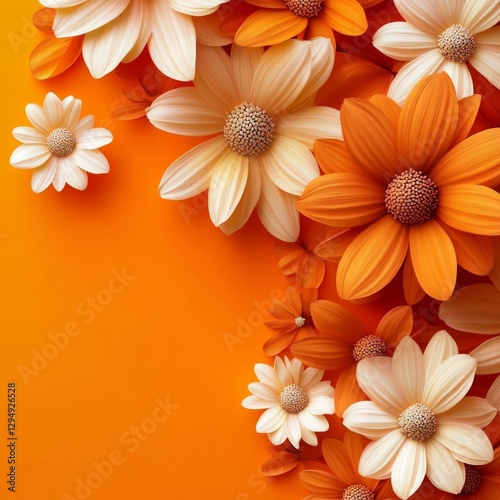 Orange and white daisies on bright background with central composition photo