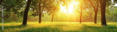 Beautiful summer landscape with trees at sunrise.