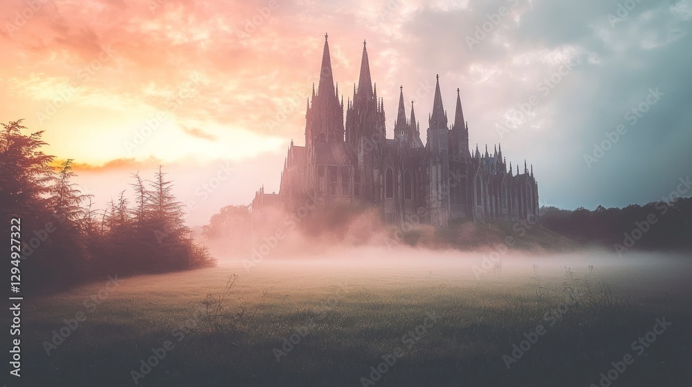 Fototapeta premium Majestic gothic cathedral shrouded in morning mist at sunrise.