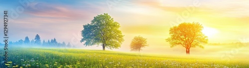 Beautiful summer landscape with trees at sunrise.