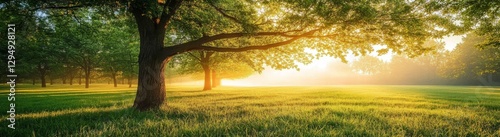 Beautiful summer landscape with trees at sunrise.