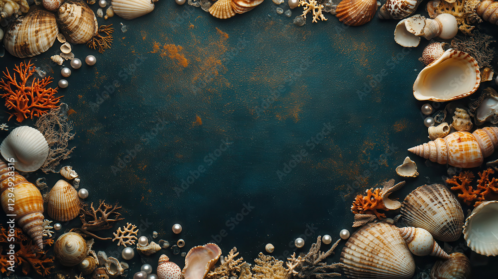 Obraz premium A harmonious composition of marine treasures, including diverse shells, delicate coral fragments