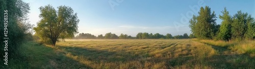 Beautiful summer landscape with trees at sunrise.