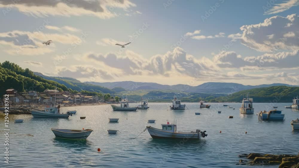 Serene Coastal Village: Boats at Anchor, Birds in Flight Serene Coastal Village: Boats at Anchor, Birds in Flight