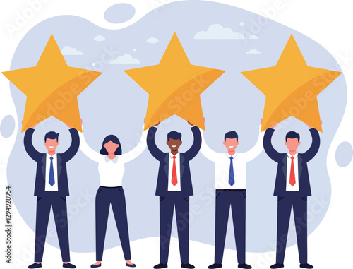 Group of business professionals celebrating success by holding golden stars in a flat vector illustration