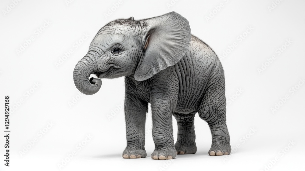 Fototapeta premium baby elephant stands proudly its tiny trunk curled slightly upward. Wrinkled gray skin and floppy ears accentuate its charm as it gazes forward wise expressive eyes.