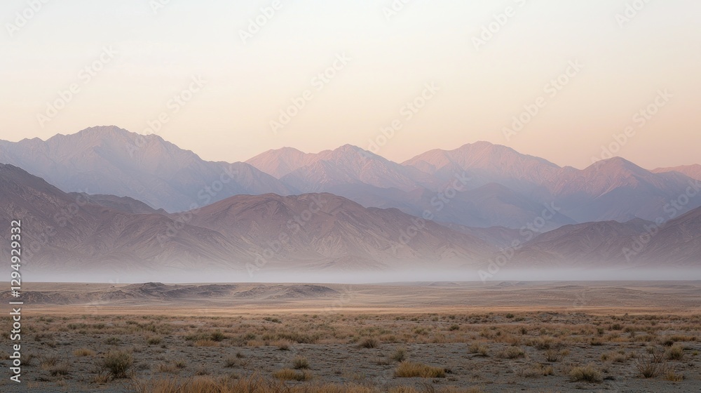 Fototapeta premium Hazy sunrise over vast desert landscape and distant mountains.