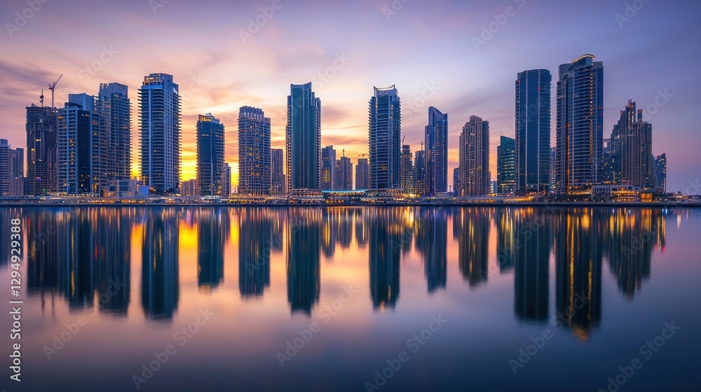 Fototapeta premium Stunning cityscape skyline reflecting in calm water at sunset.