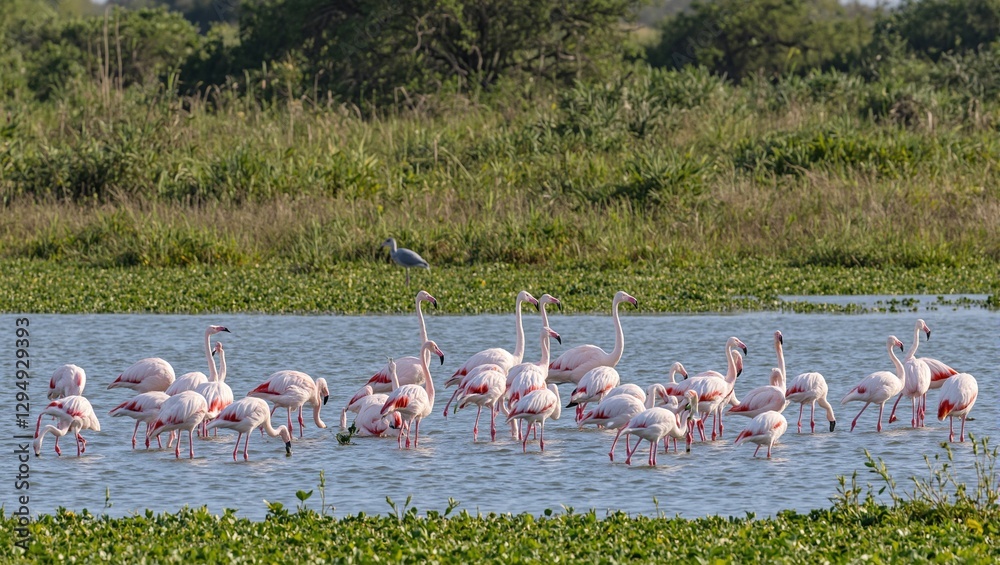 Naklejka premium Graceful flamingos wading in a serene lagoon with vibrant green vegetation and a distant heron under a warm sun