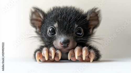 tiny Tasmanian devil pup sits on white background ears perked up and tiny claws gripping surface letting out tiny squeak highlights its playful nature. photo