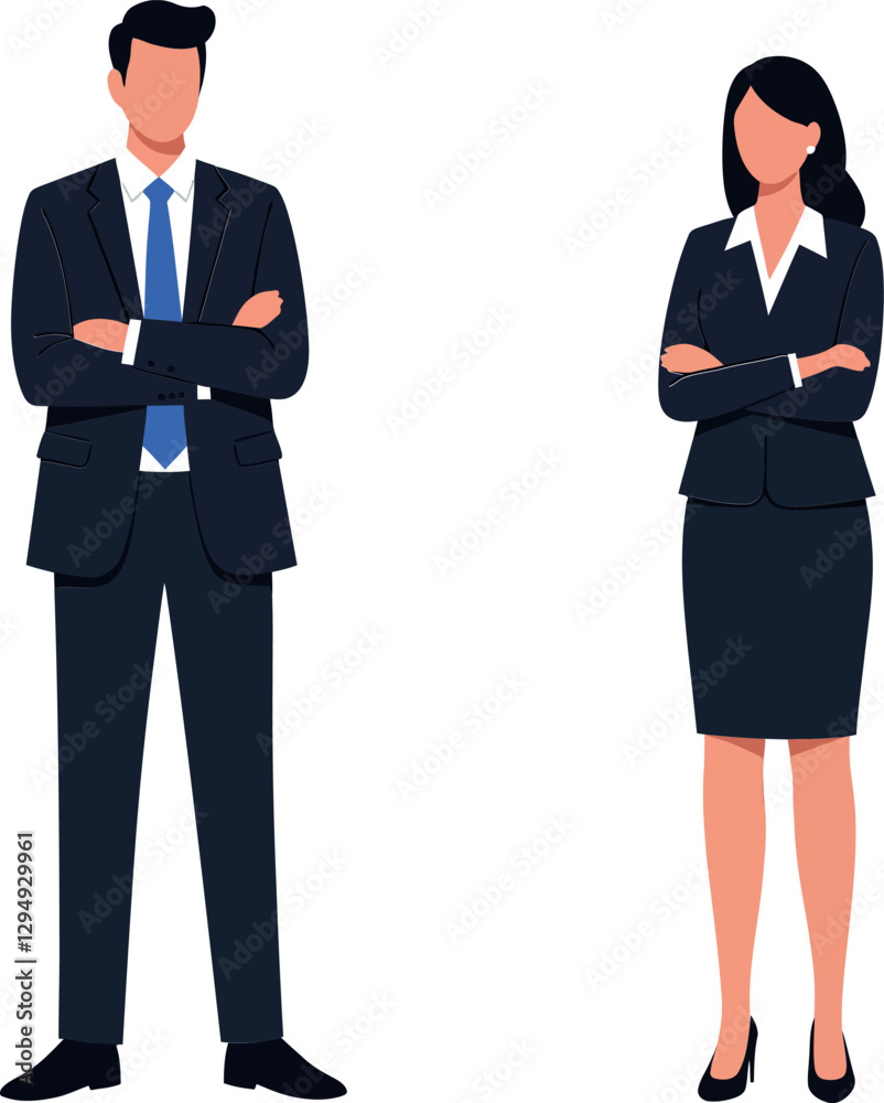 Two business professionals standing confidently with arms crossed in a minimal vector illustration Two business professionals standing confidently with arms crossed in a minimal vector illustration