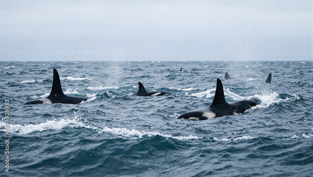 Fototapeta premium Majestic orcas swimming in the Pacific Ocean their sleek black and white bodies contrasting with the cloudy sky and misty atmosphere