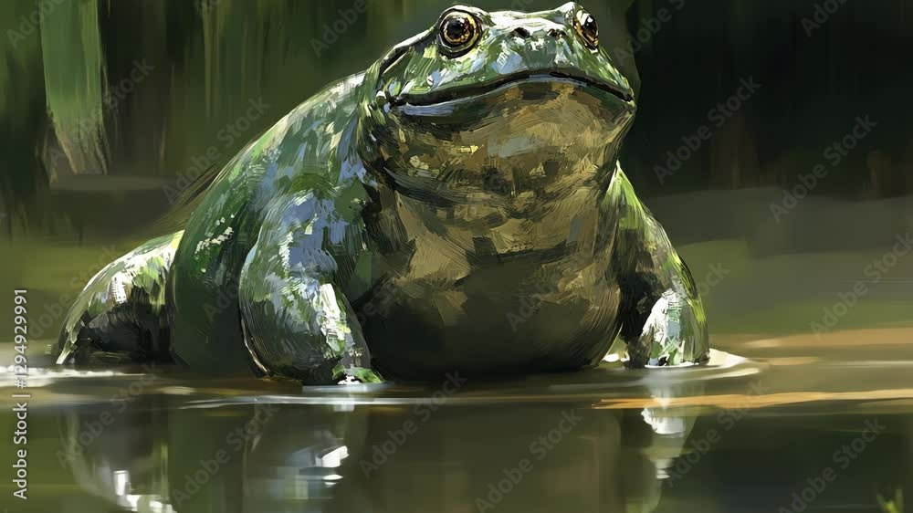 Large amphibian resting in a shallow pond surrounded by greenery during daylight hours