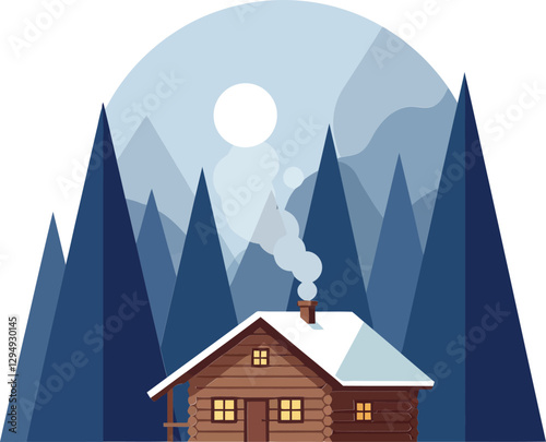 Cozy wooden cabin surrounded by tall mountains in a serene winter landscape, flat vector illustration