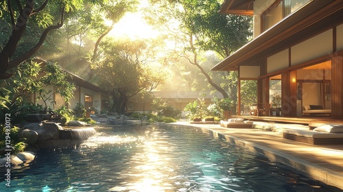 tranquil hotel meditation garden features minimalist design gentle water flowing surrounded lush greenery and dappled sunlight filtering through bamboo creating peaceful atmosphere.