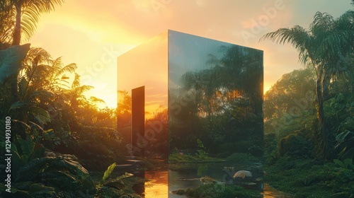 Fototapeta Naklejka Na Ścianę i Meble -  Mirror cube reflecting jungle sunset.