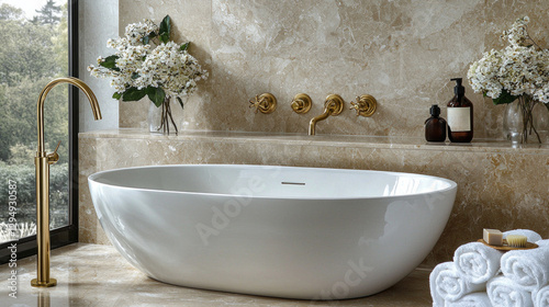 upscale hotel bathroom showcases stunning freestanding bathtub beside large windows. Gold accents fluffy towels and floral arrangements create serene spa like ambiance perfect for relaxation.