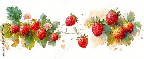 Strawberries and Leaves Watercolor Painting with Flowers and Fresh Fruits