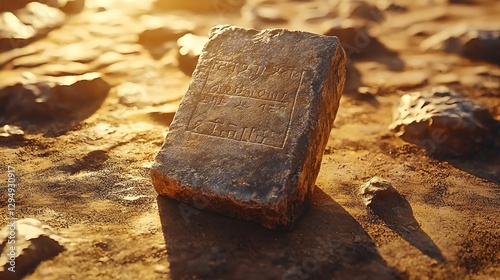 In vast golden desert small weathered altar stands alone inscribed mysterious symbols. wind howls echoing lost prayers of ancient Bedouins.