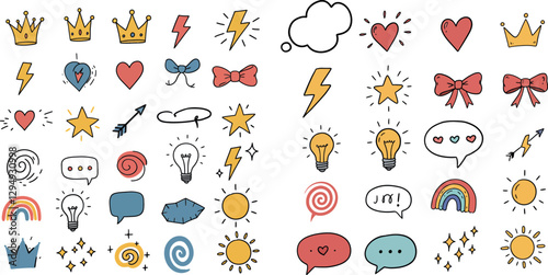 Colorful collection of hand-drawn icons featuring crowns, lightning bolts, hearts, and more in a playful flat vector illustration