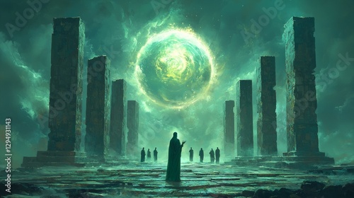Deep within cosmic nebula pulsating stone monoliths float while alien priests glowing eyes chant holographic deity. atmosphere is eerie and vast.