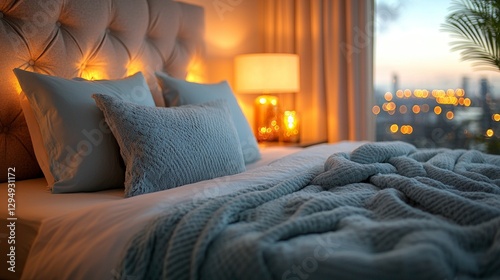 Plush bed adorned fluffy pillows and cozy blanket creates inviting atmosphere in luxurious hotel room during golden hour twinkling city lights in background.