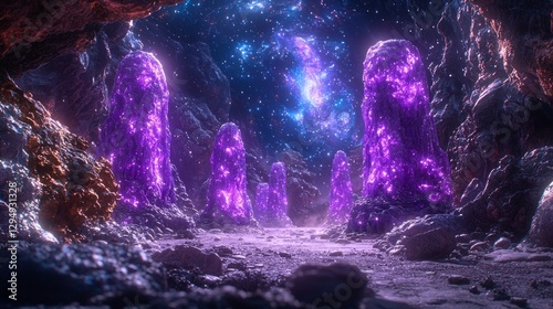 Deep within vast cosmic nebula alien priests glowing eyes chant in unknown language. They raise their hands shifting holographic deity as stone monoliths float in surreal atmosphere.