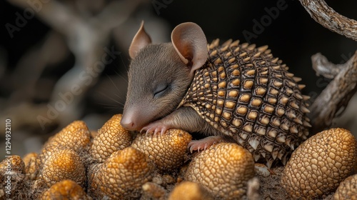 tiny baby armadillo curls up in serene pose its soft developing shell showcasing blend of pinkish hues. round belly and delicate claws create captivating sight.