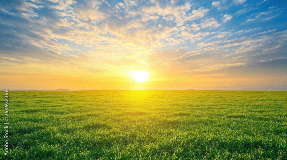 Serene Sunrise Over Lush Green Field Under Beautiful Blue Sky and Wispy Clouds Serene Sunrise Over Lush Green Field Under Beautiful Blue Sky and Wispy Clouds