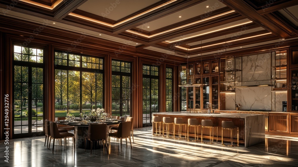 Luxurious, open-plan kitchen-dining room with large windows Luxurious, open-plan kitchen-dining room with large windows