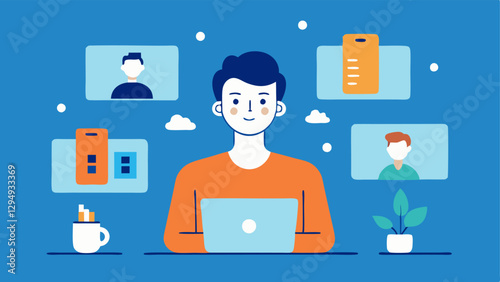 Virtual Collaboration A freelancer participating in a video call with clients or editors with a clear expression of engagement and multiple screens displaying project details.