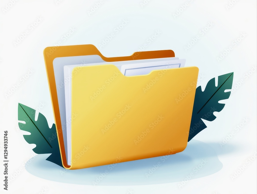 Yellow folder storing documents with tropical leaves symbolizing organization Yellow folder storing documents with tropical leaves symbolizing organization