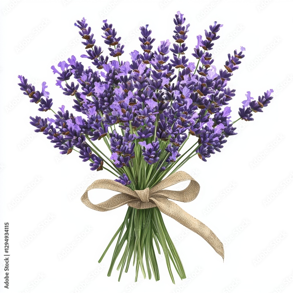 Obraz premium Beautiful Lavender Bouquet with Green Stems and Natural Burlap Ribbon on White Background for Floral Designs and Decorations