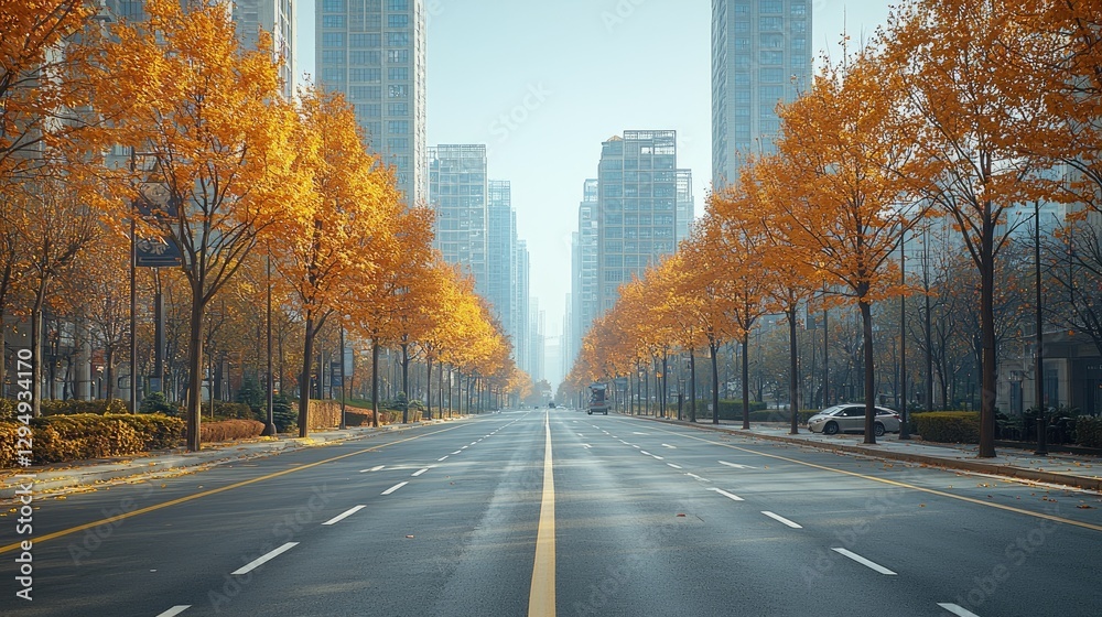 Serene autumn cityscape showcasing a deserted road lined with vibrant orange trees and skyscrapers Serene autumn cityscape showcasing a deserted road lined with vibrant orange trees and skyscrapers
