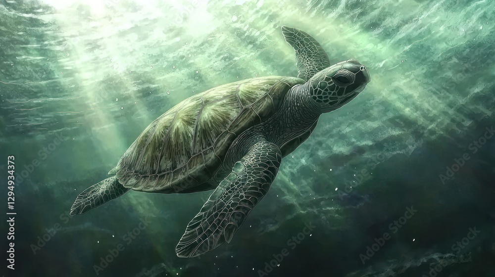 Obraz premium Sea turtle swimming in sunlit ocean water.