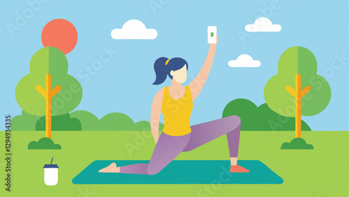 Yoga in the Park A fitness influencer is demonstrating a yoga pose on a yoga mat in a park surrounded by trees and a bright sun. The influencer is taking a selfie with a smartphone