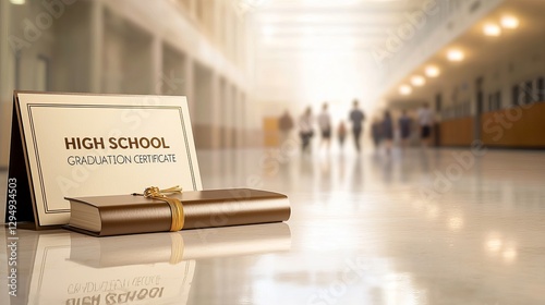 A high school graduation certificate placed on a polished floor, symbolizing achievement and success in education.