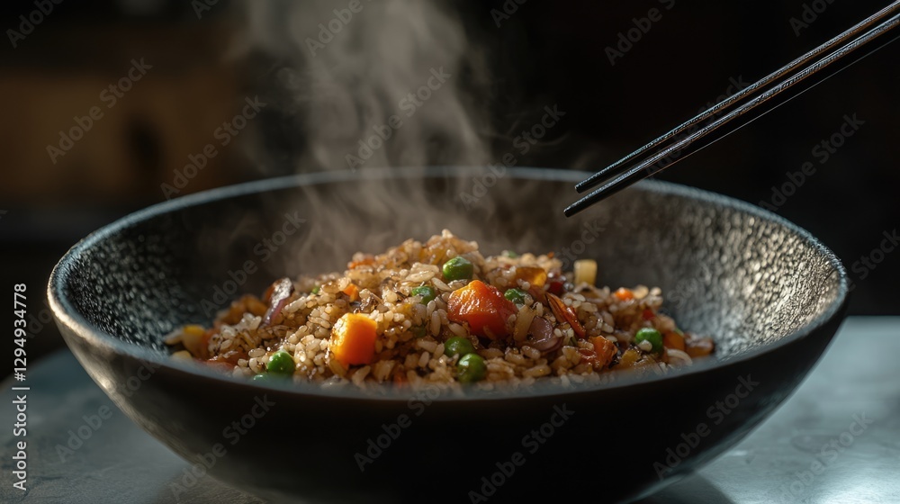 Steaming Hot Vegetable Fried Rice in a Dark Bowl Steaming Hot Vegetable Fried Rice in a Dark Bowl