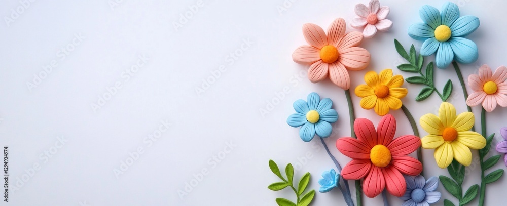 Naklejka premium Colorful clay flowers on white background with leaves and empty space