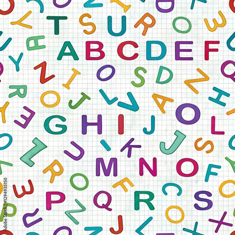 Colorful alphabet letters scattered on a grid background. Colorful alphabet letters scattered on a grid background.