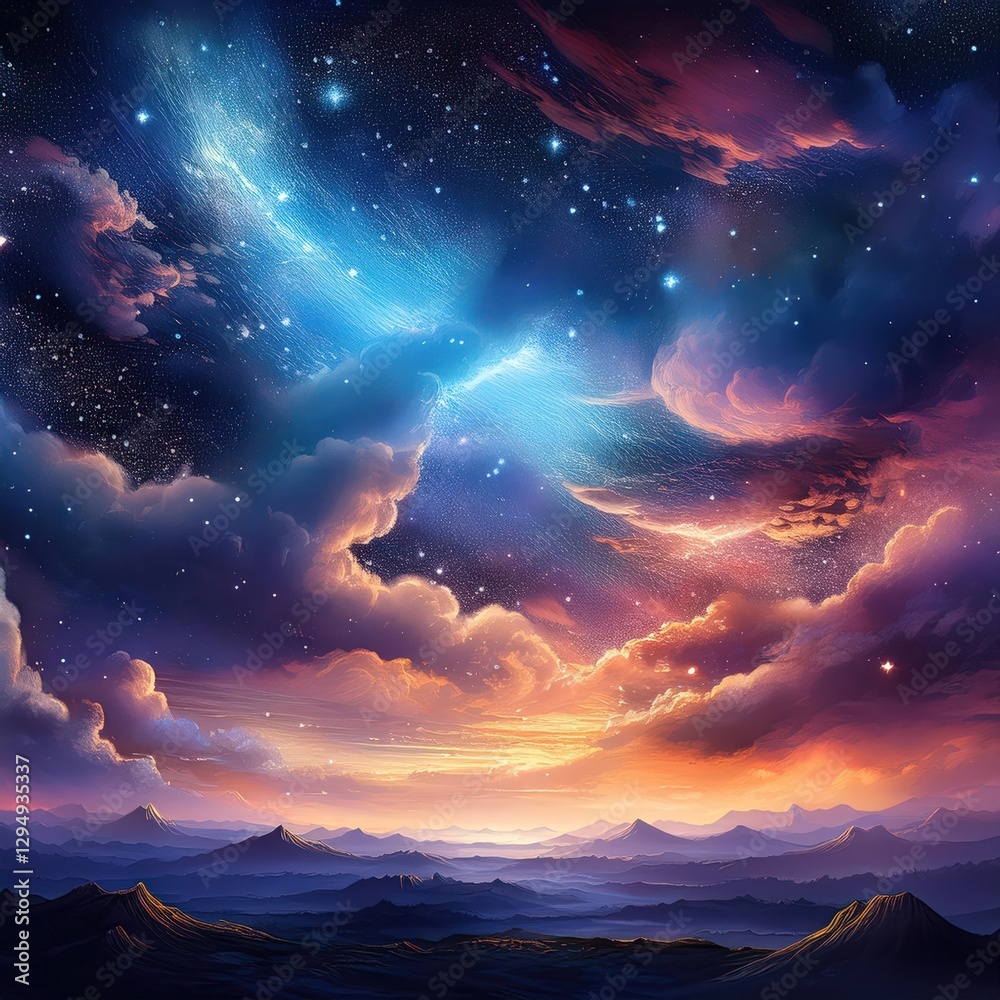 Naklejka premium Starry night sky with dramatic clouds and galaxy view cosmic wonder 