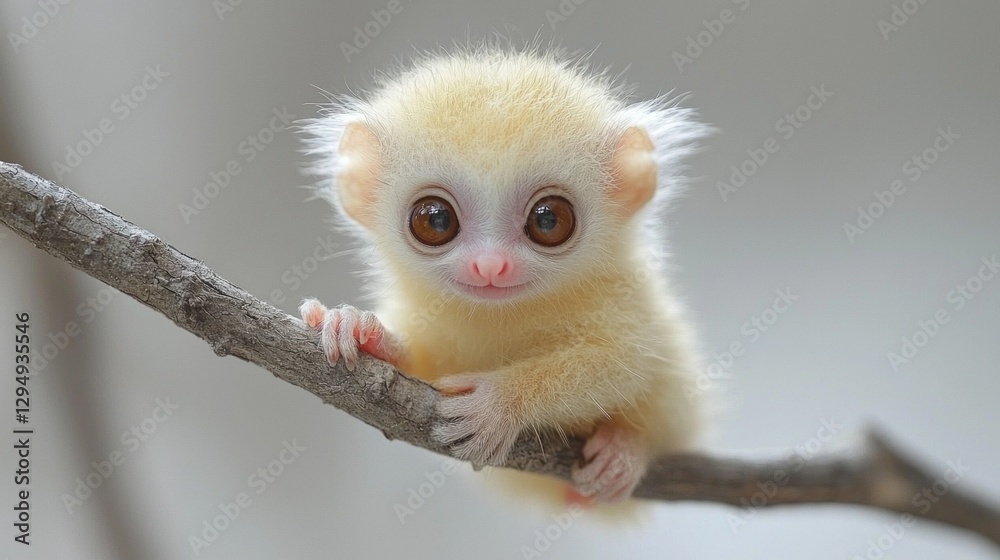 Fototapeta premium Soft golden fur highlights tiny baby bush baby perched on invisible branch against white backdrop. Its large round eyes capture attention in bright light.