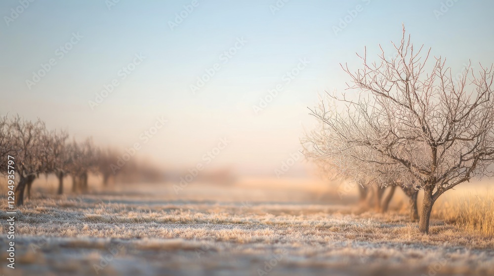 Frosty winter sunrise over orchard. Frosty winter sunrise over orchard.