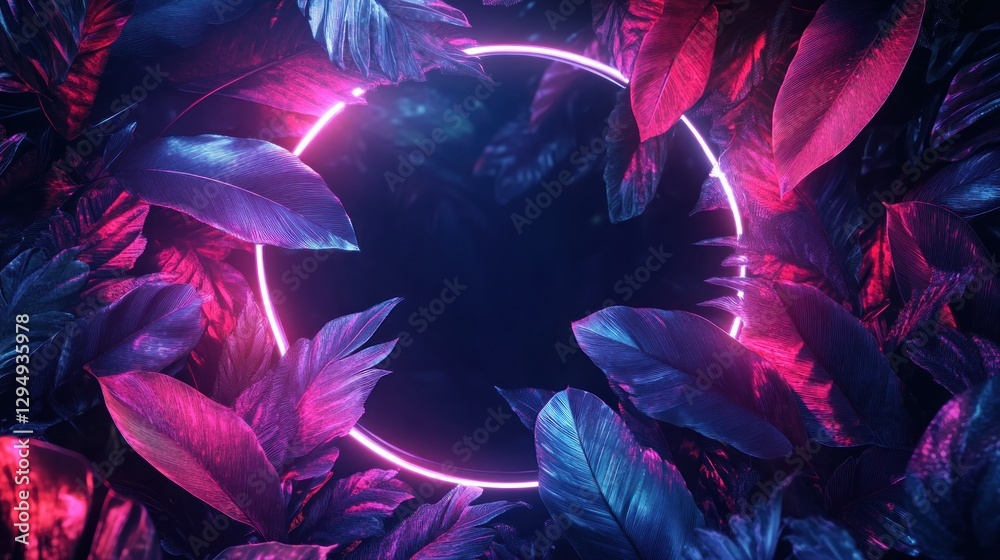 Naklejka premium Neon circle frame amidst vibrant tropical leaves; dark background, for design element