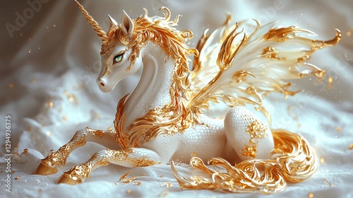 baby Kirin sits gracefully against white backdrop. Its golden scaly hide shines brightly while delicate hooves rest gently. flame like mane adds magical touch mystical creature.