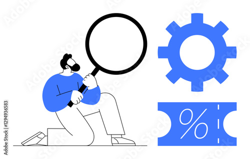 Man kneels with large magnifying glass examining, next to a blue gear and percentage ticket. Ideal for business strategy, marketing, optimization, discounts, analysis, mechanics, research abstract