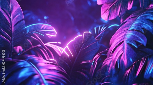 Neon leaves, purple blue light, tropical night, vibrant background, design